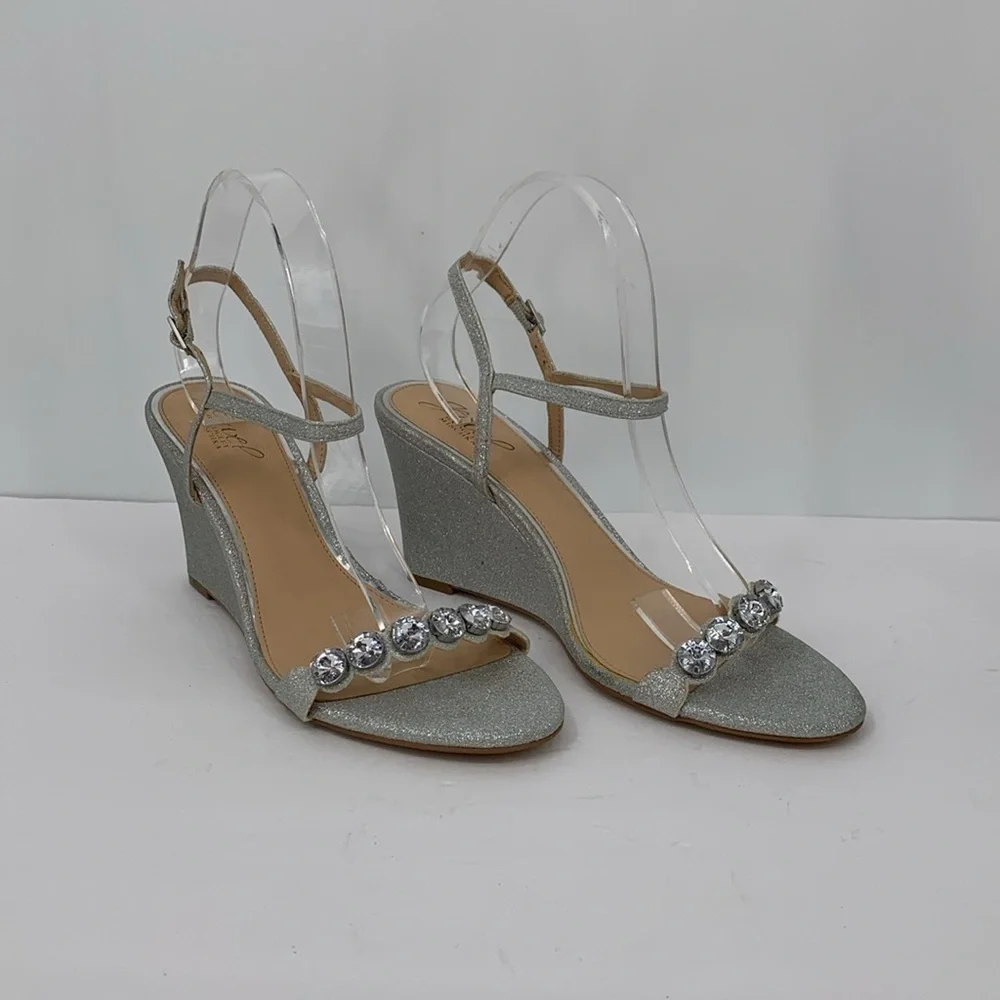 Jewel Badgley Mischka wedge shoe silver metallic glitter clear crystal sandal 11